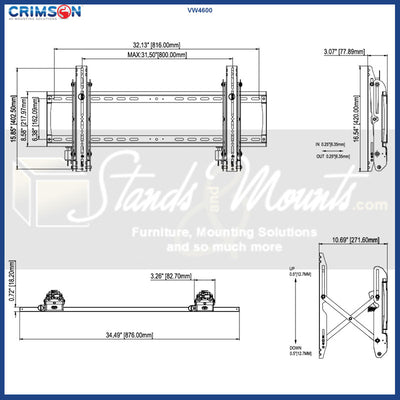 Crimson Extra Large Video Wall TV Mount VW4600, tilting wall mount technical dimensions