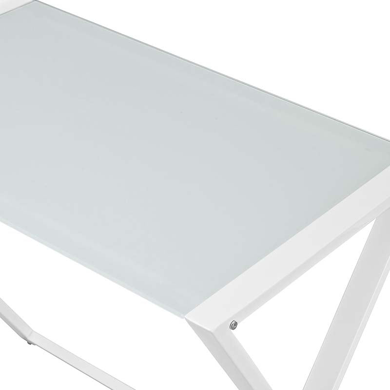 Walker Edison X Frame White Glass and Steel Corner Computer Desk D51X29WH, white desktop and frame detail