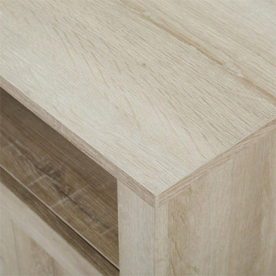 Walker Edison Columbus 44 in. Grooved Door Corner TV Stand W44CMCR2DWO, whitewash corner media console top corner detail