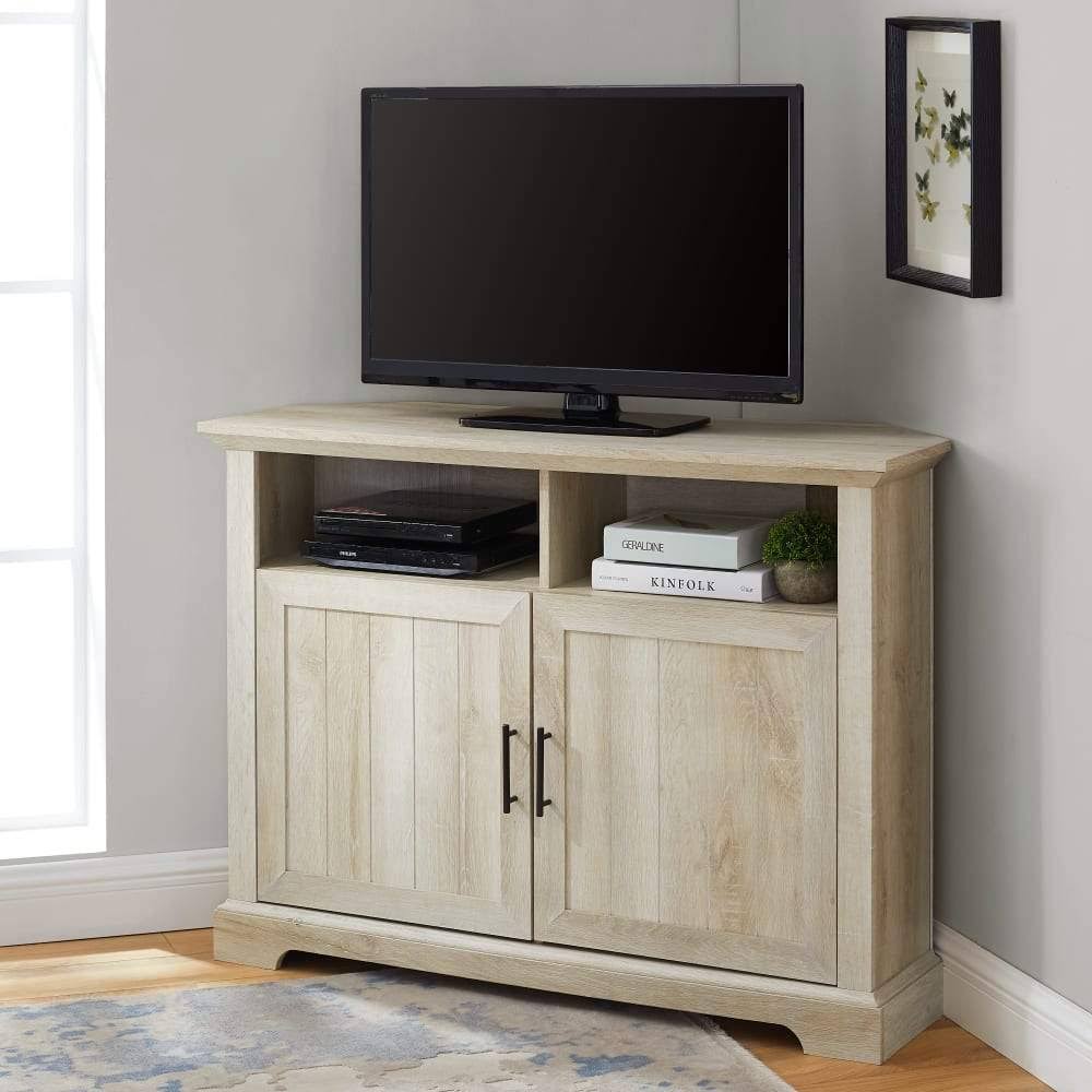 View a larger image of the Walker Edison Columbus 44 in. Grooved Door Corner TV Stand  White Oak) W44CMCR2DWO here.