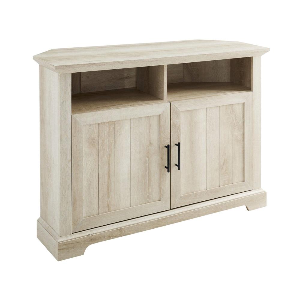 Walker Edison Columbus 44 in. Grooved Door Corner TV Stand W44CMCR2DWO, whitewash corner media console front view