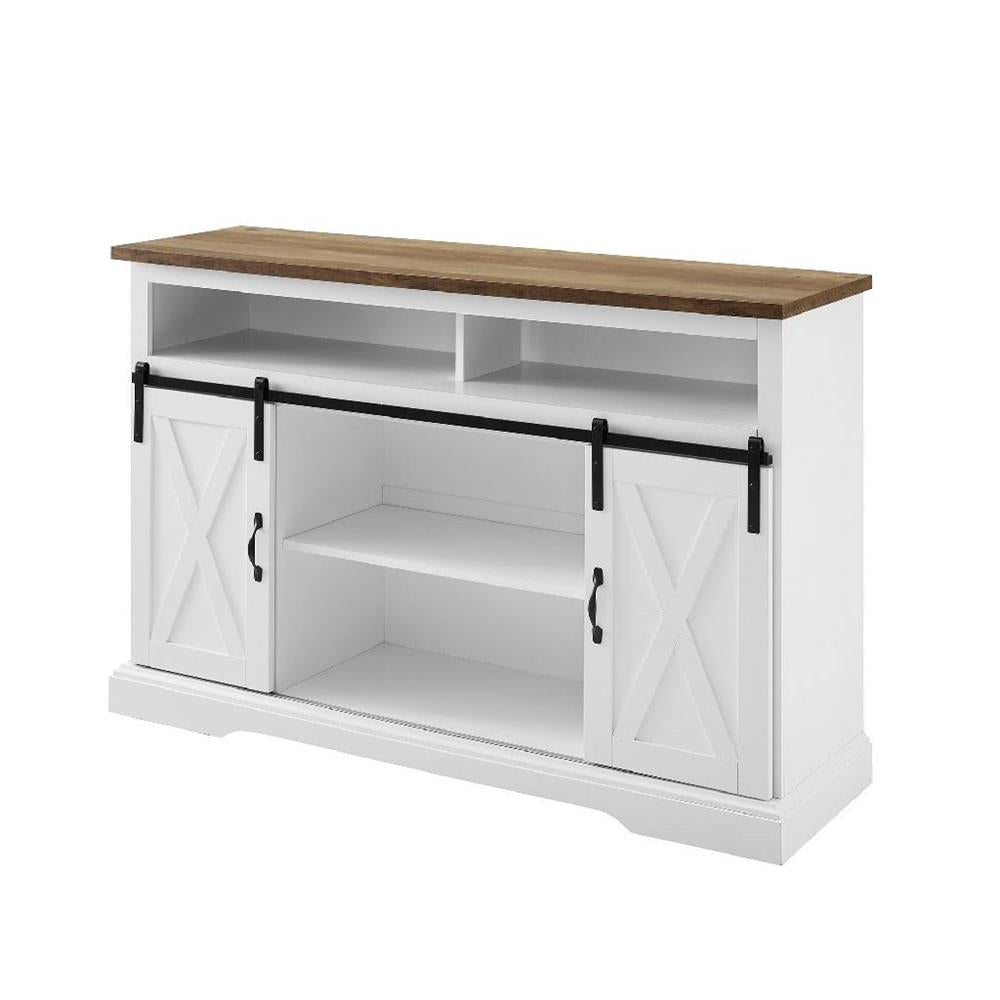 Walker Edison 52 in. Sliding Barn Door Highboy Console W52HBSBDSW, white barn-door media console in a front view