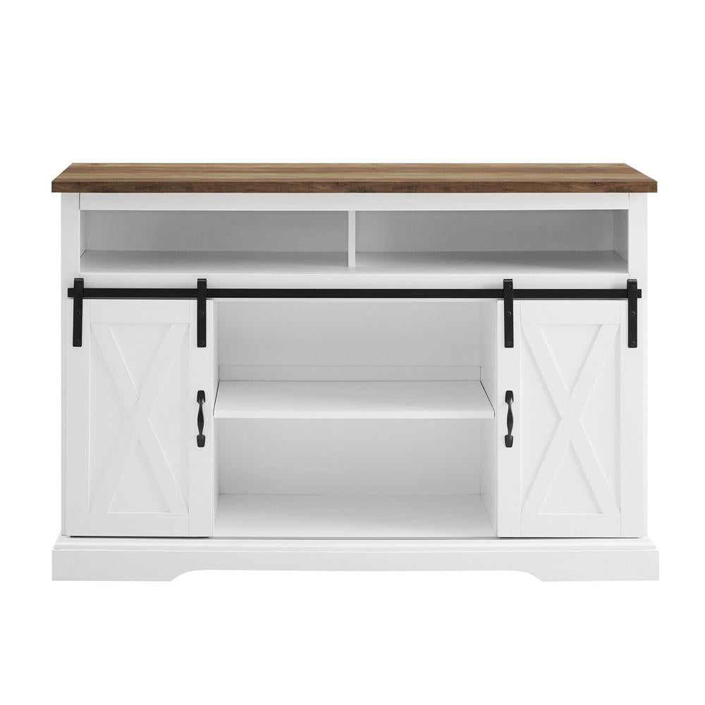 Walker Edison 52 in. Sliding Barn Door Highboy Console W52HBSBDSW, white barn-door media console with doors open
