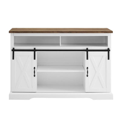 Walker Edison 52 in. Sliding Barn Door Highboy Console W52HBSBDSW, white barn-door media console with doors open