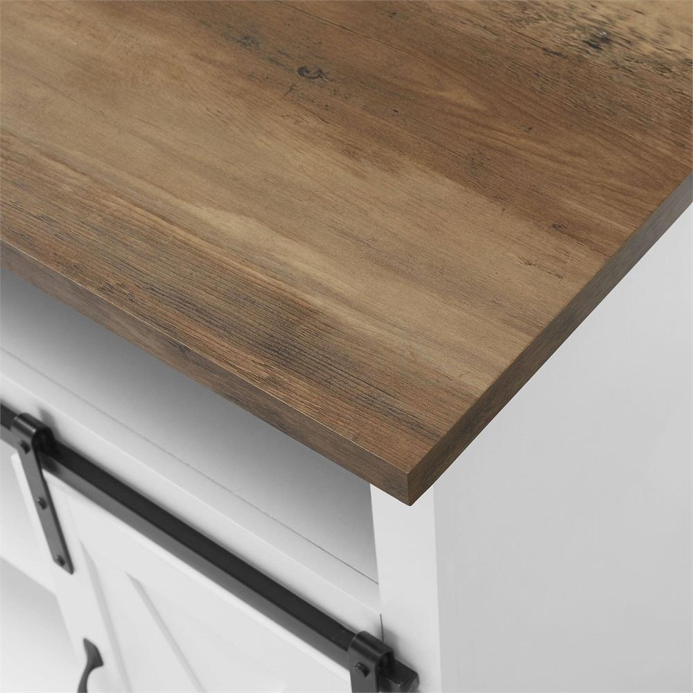 Walker Edison 52 in. Sliding Barn Door Highboy Console W52HBSBDSW, barn-door media console wood top corner detail