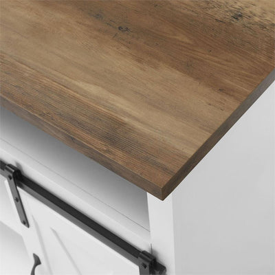 Walker Edison 52 in. Sliding Barn Door Highboy Console W52HBSBDSW, barn-door media console wood top corner detail