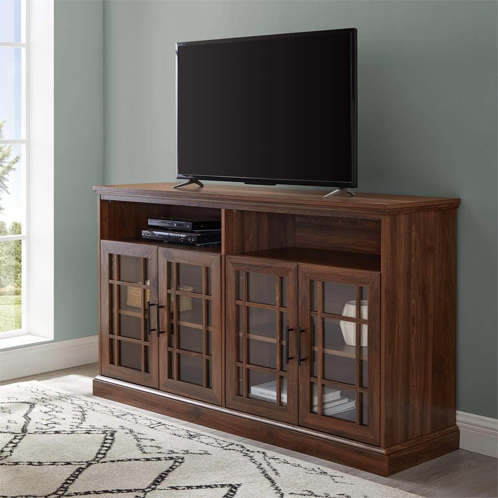 View a larger image of the Walker Edison Hazel 58 in. Classic Glass 4 Door TV Stand (Dark Walnut) W584DHDHBDW here.