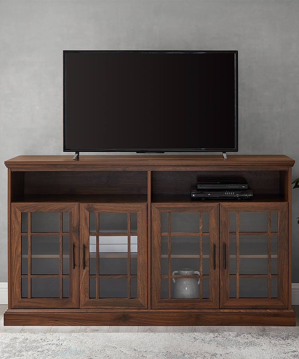 Walker Edison Hazel 58 in. Classic Glass 4 Door TV Stand W584DHDHBDW, walnut media cabinet with a television installed