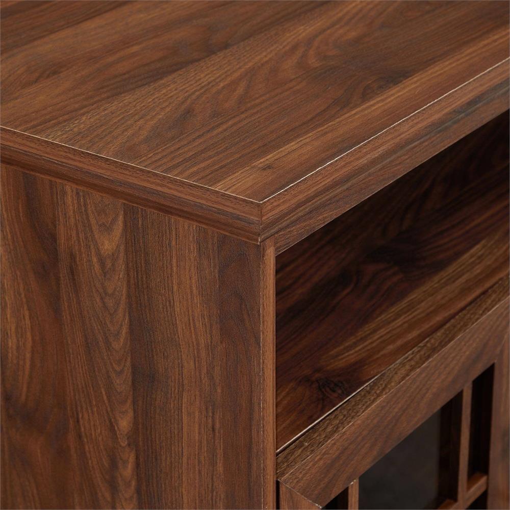 Walker Edison Hazel 58 in. Classic Glass 4 Door TV Stand W584DHDHBDW, walnut cabinet top corner and wood grain close-up