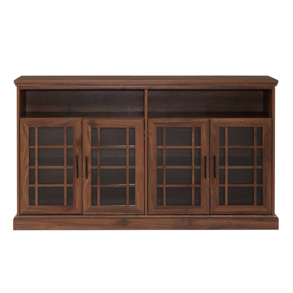 Walker Edison Hazel 58 in. Classic Glass 4 Door TV Stand W584DHDHBDW, walnut media cabinet with glass doors in a straight-on front view