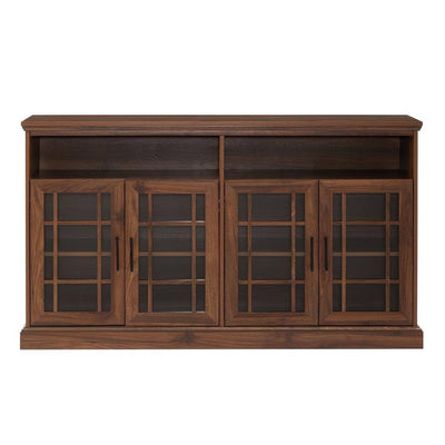 Walker Edison Hazel 58 in. Classic Glass 4 Door TV Stand W584DHDHBDW, walnut media cabinet with glass doors in a straight-on front view