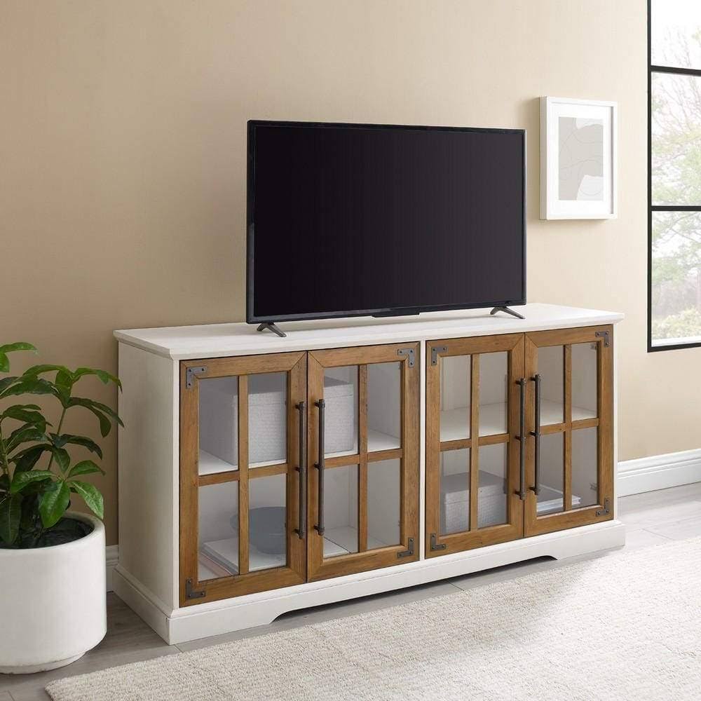 View a larger image of the Walker Edison 58 in. 4 Glass Door TV Stand Console (Brushed White, Reclaimed Barnwood) W58ABG4DBRWRO here.