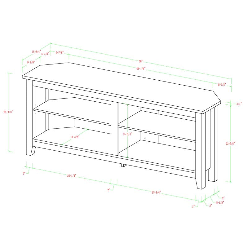 Walker Edison Essentials 60 inch Corner TV Stand W58CCRES, dark wood media console dimensions drawing