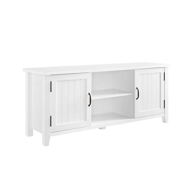 Walker Edison 58 in. Grooved Door TV Console W58CS2DSW, white farmhouse media cabinet left three-quarter view