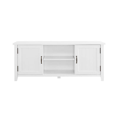 Walker Edison 58 in. Grooved Door TV Console W58CS2DSW, white farmhouse media cabinet front view
