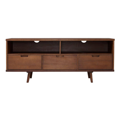 Walker Edison 58 in. 3-Drawer Mid Century Modern TV Stand W58IV3DWT, wood media console front view