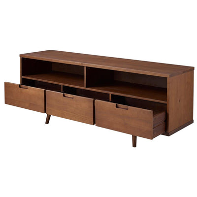 Walker Edison 58 in. 3-Drawer Mid Century Modern TV Stand W58IV3DWT, wood media console front view with drawers open