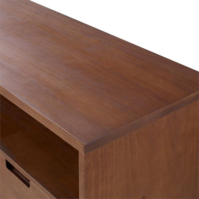 Walker Edison 58 in. 3-Drawer Mid Century Modern TV Stand W58IV3DWT, wood media console top and grain detail