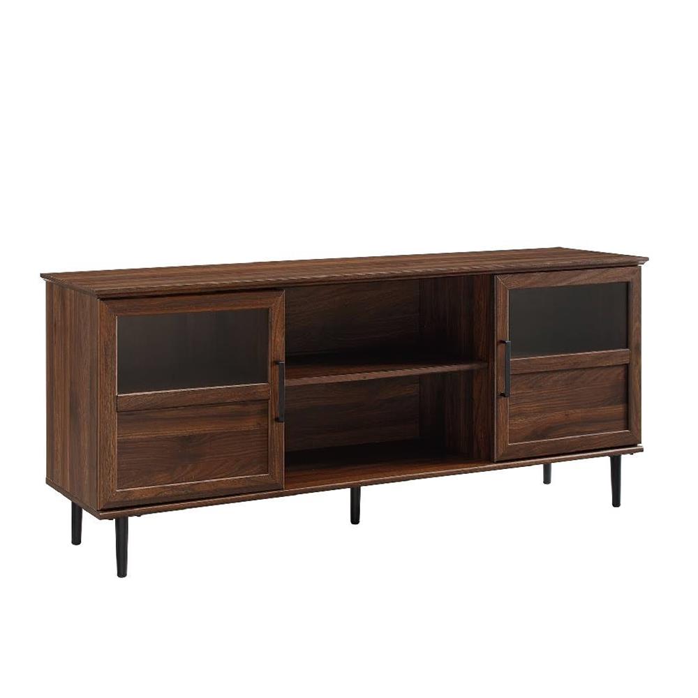 Walker Edison 58 in. Glass & Wood Split Panel Door TV Console W58OWN2DDW, walnut media console angled view