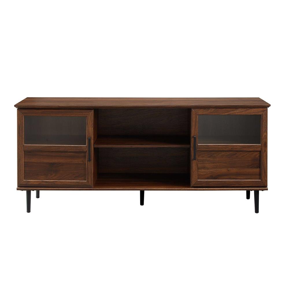 Walker Edison 58 in. Glass & Wood Split Panel Door TV Console W58OWN2DDW, walnut media console front view