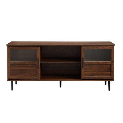 Walker Edison 58 in. Glass & Wood Split Panel Door TV Console W58OWN2DDW, walnut media console front view