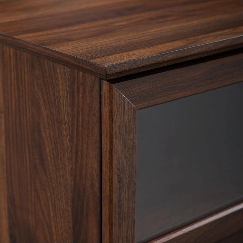 Walker Edison 58 in. Glass & Wood Split Panel Door TV Console W58OWN2DDW, walnut media console corner detail