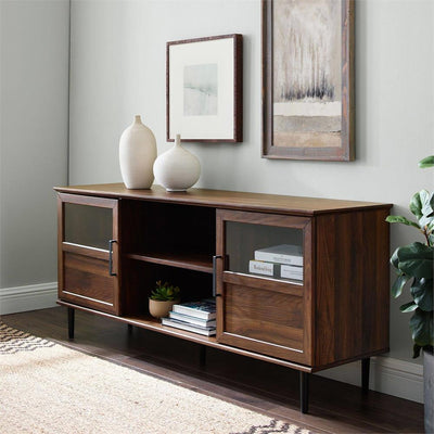 Walker Edison 58 in. Glass & Wood Split Panel Door TV Console W58OWN2DDW, walnut media console in room