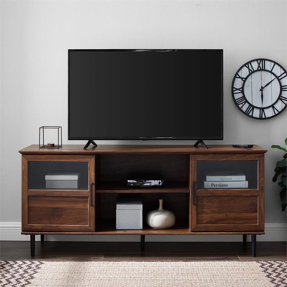 Walker Edison 58 in. Glass & Wood Split Panel Door TV Console (Dark Walnut) W58OWN2DDW
