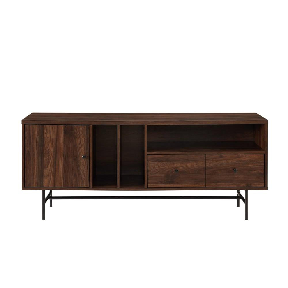 Walker Edison 60 in. Modern TV Console, Record Storage W60JLYNDW, walnut media console in a straight-on front view