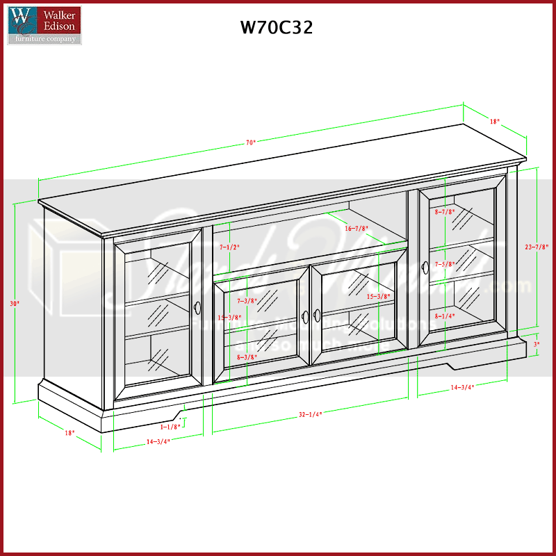 Walker Edison 70 inch Highboy TV Cabinet W70C32ES, media console technical dimensions