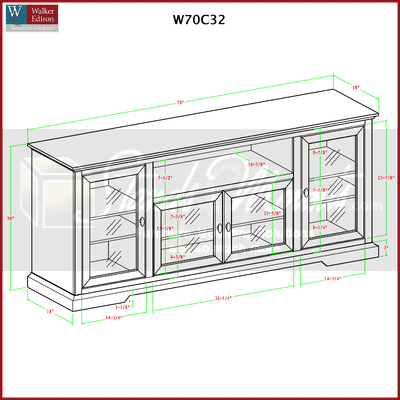 Walker Edison 70 inch Highboy TV Cabinet W70C32ES, media console technical dimensions