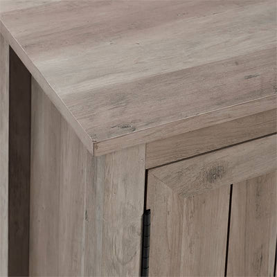 Walker Edison 70 in. Modern Farmhouse Wood TV Stand W70CS2DGW, farmhouse media cabinet wood top corner detail