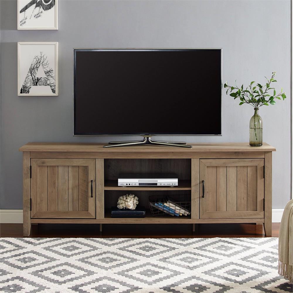 View a larger image of the Walker Edison 70 in. Modern Farmhouse Simple Grooved Door Wood TV Stand (Reclaimed Barnwood) W70CS2DRO here.