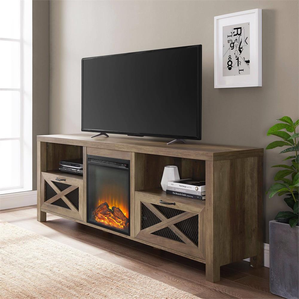 Walker Edison 70 in. Rustic Farmhouse Fireplace TV Stand (Reclaimed Barnwood) W70FPABRO