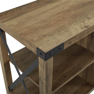 Walker Edison 70 in. Farmhouse Metal X TV Stand W70MX2DRO, industrial media console wood top corner detail