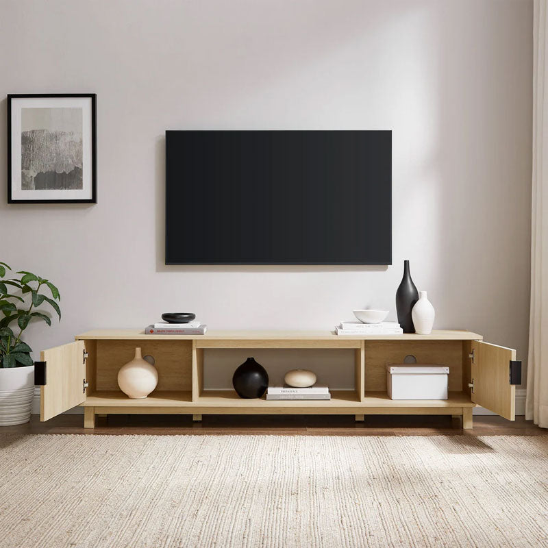 Walker Edison Reema Arundo Scandinavian Reeded TV Stand ARUM3FCO, wall-mounted TV above open media console
