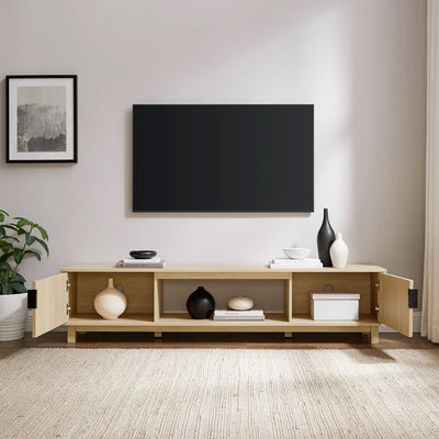 Walker Edison Reema Arundo Scandinavian Reeded TV Stand ARUM3FCO, wall-mounted TV above open media console