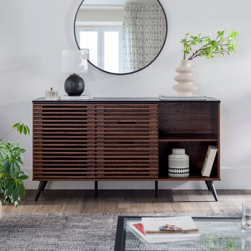 Walker Edison Havana Sliding Door Drawer Sideboard/TV Stand BU59HAV4DREBDW, wood media console in living room