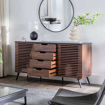 Walker Edison Havana Sliding Door Drawer Sideboard/TV Stand BU59HAV4DREBDW, wood media console with drawers open