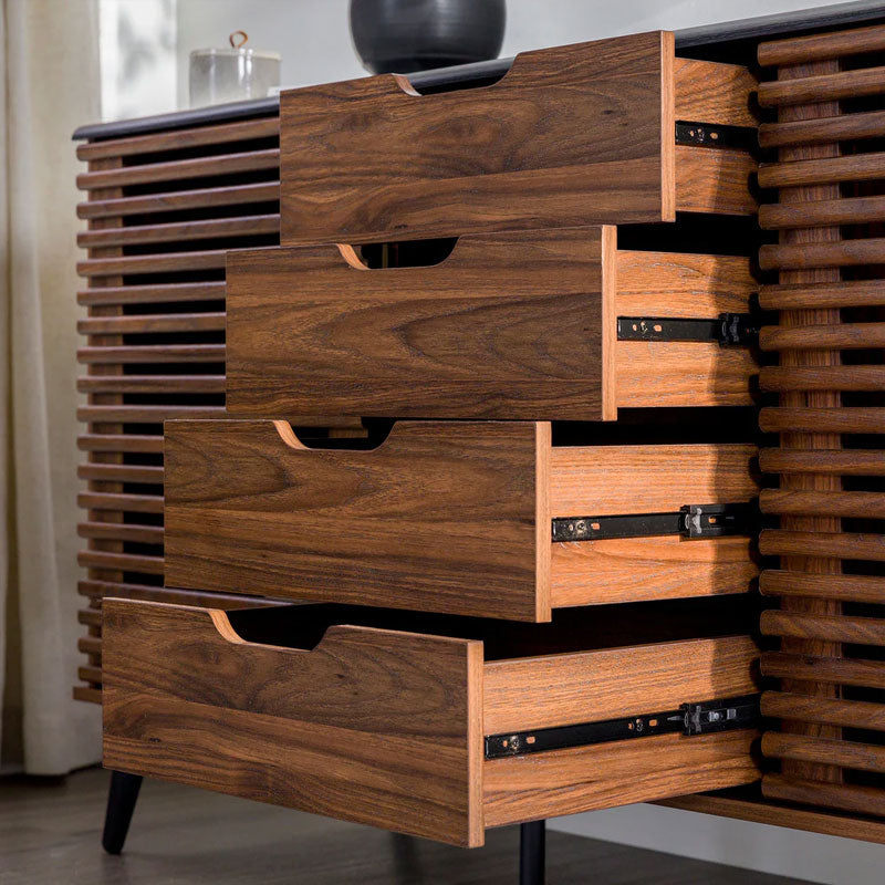 Walker Edison Havana Sliding Door Drawer Sideboard/TV Stand BU59HAV4DREBDW, drawers with metal slides open