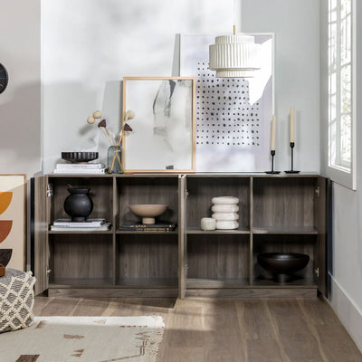 Walker Edison Kacie Modern Sideboard/TV Stand BU70KCSBSG, gray wood sideboard with open shelving installed view