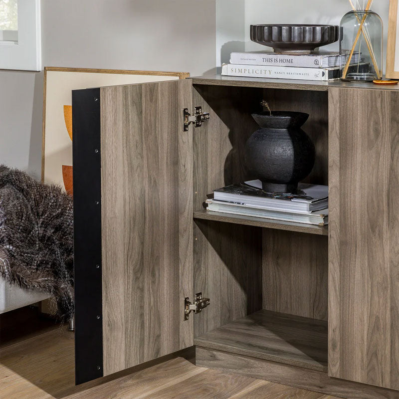 Walker Edison Kacie Modern Sideboard/TV Stand BU70KCSBSG, gray wood sideboard cabinet interior close-up