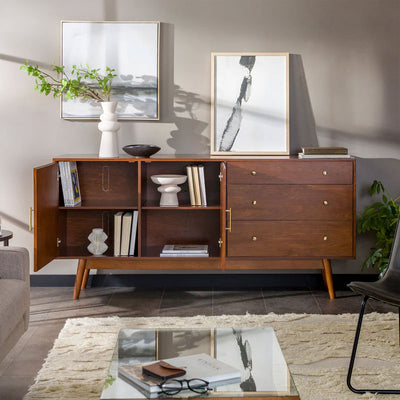 Walker Edison Mid-Century Modern Console Buffet Sideboard/TV Stand BU70MCM3DWT, mid-century sideboard with cabinet door open
