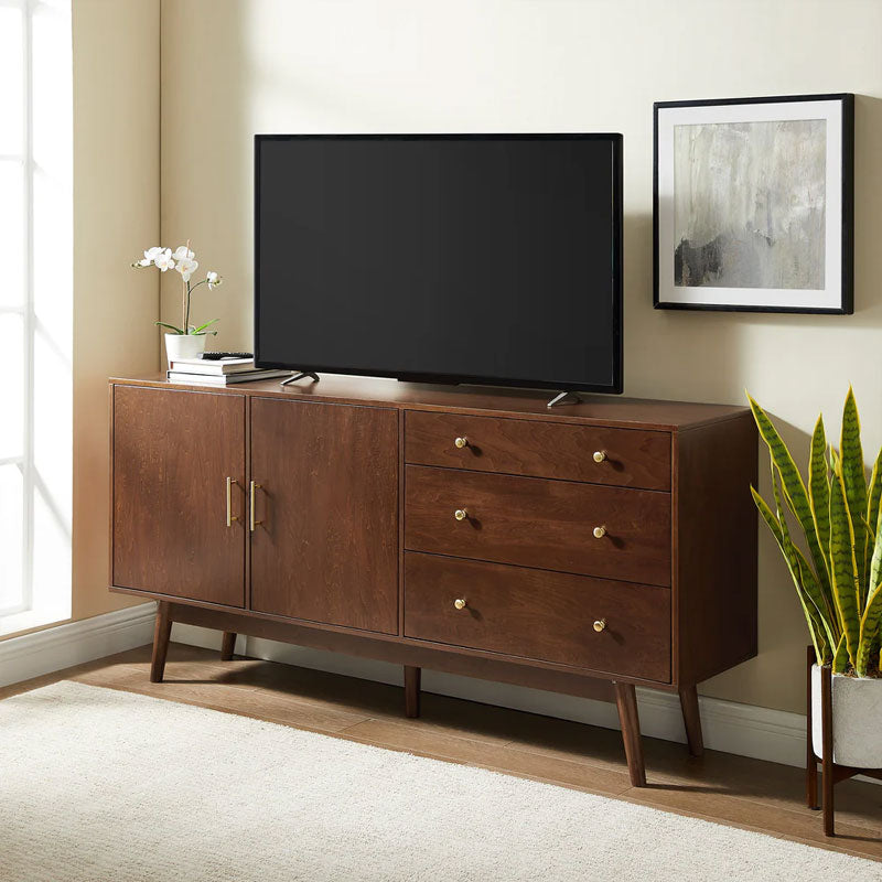 Walker Edison Mid-Century Modern Console Buffet Sideboard/TV Stand BU70MCM3DWT, mid-century sideboard in room with TV