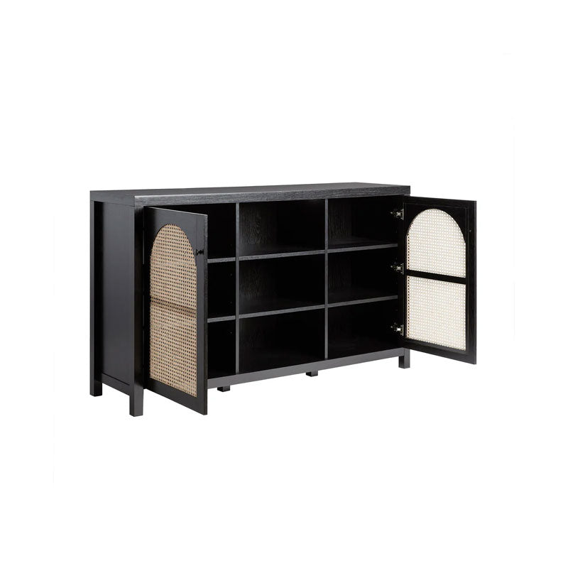 Walker Edison Sasha Rattan Sideboard/TV Stand SAHD5DBL2, black rattan-door media cabinet open interior