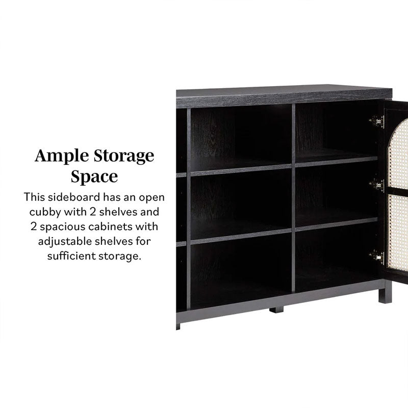 Walker Edison Sasha Rattan Sideboard/TV Stand SAHD5DBL2, black media cabinet adjustable storage overview