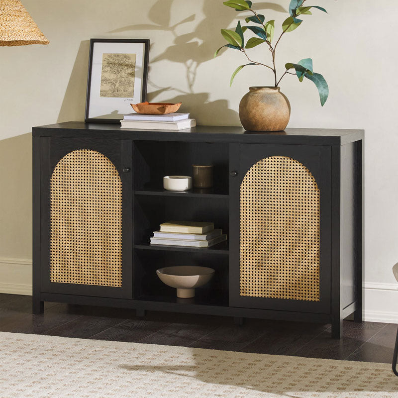 Walker Edison Sasha Rattan Sideboard/TV Stand SAHD5DBL2, black rattan-door media cabinet installed perspective