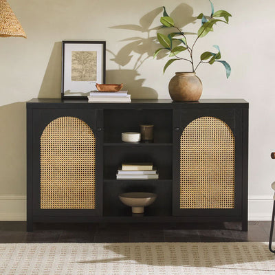 Walker Edison Sasha Rattan Sideboard/TV Stand SAHD5DBL2, black rattan-door media cabinet installed front view