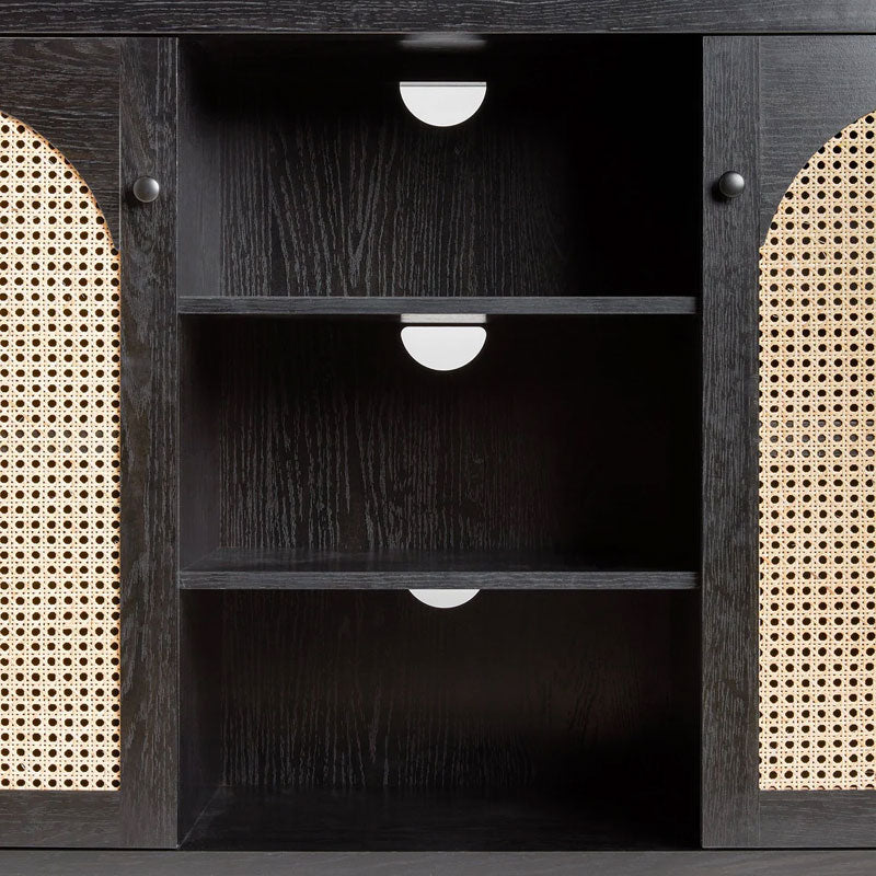 Walker Edison Sasha Rattan Sideboard/TV Stand SAHD5DBL2, black media cabinet center shelves and cable opening