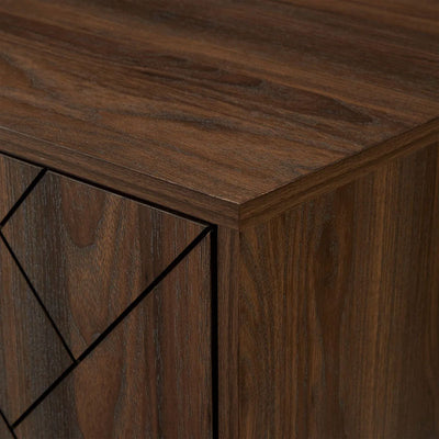 Walker Edison Ella Herringbone TV Stand W70HER4DDW, wood-grain media console corner detail